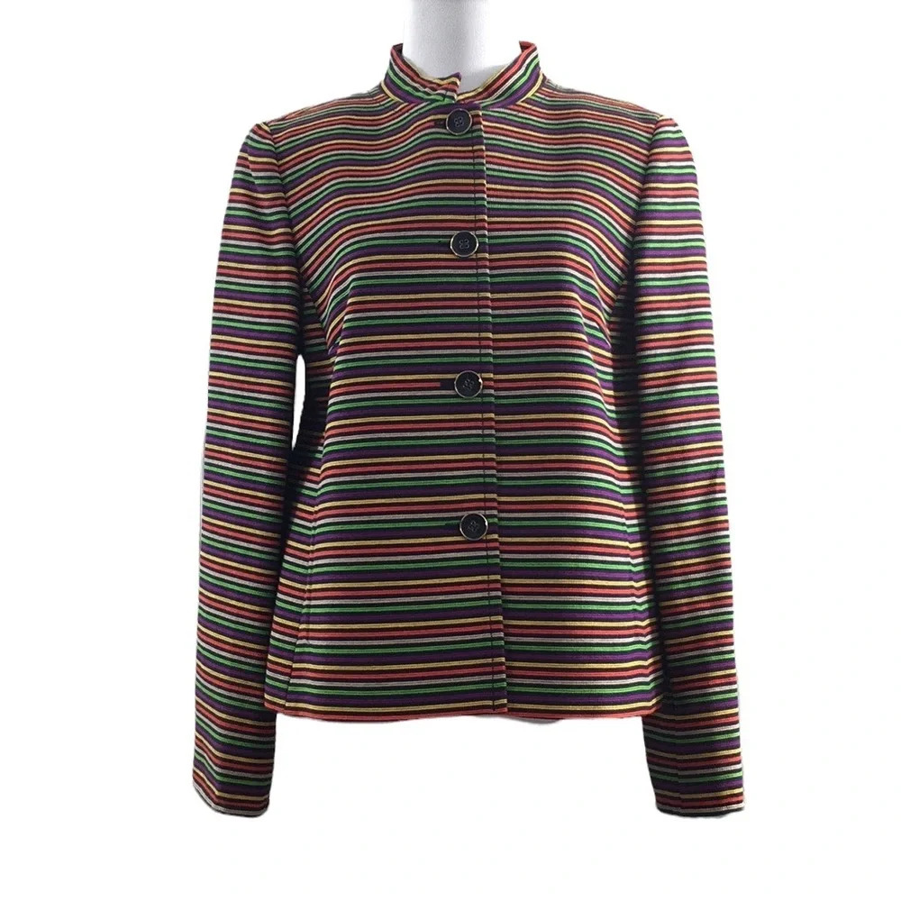 Talbots Purple Green Striped Blazer Jacket Womens 10 Cotton Button Front Rainbow